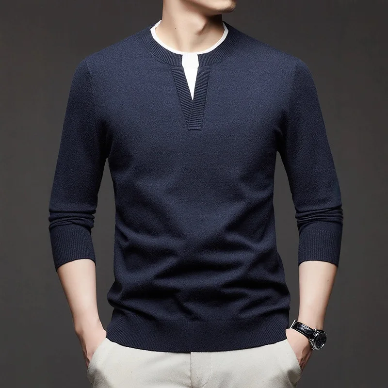 

Long Sleeve Men's Sweater Two-Piece Wool Sweater Autumn Winter New Loose Old Money Style Knitted Base Shirt
