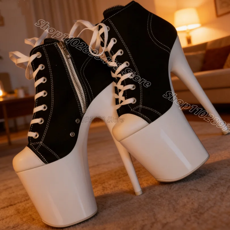 Bicolor Lace up Platform Short Boots Round Toe Side Zipper British Style Women Spring Party Dancing Boots Zapatos Para Mujere