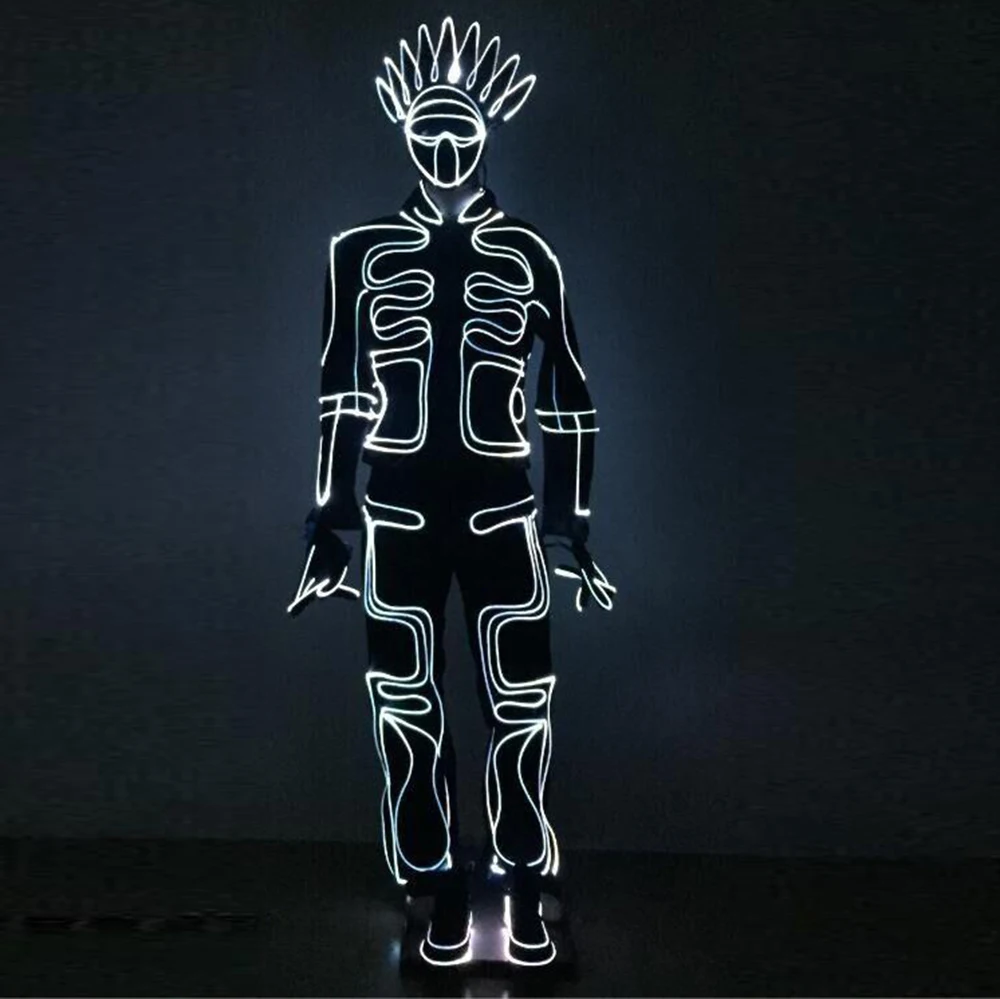 Led fibra óptica iluminar terno de corpo inteiro cosplay traje com capacete para homens rave festa edm festival dança wear