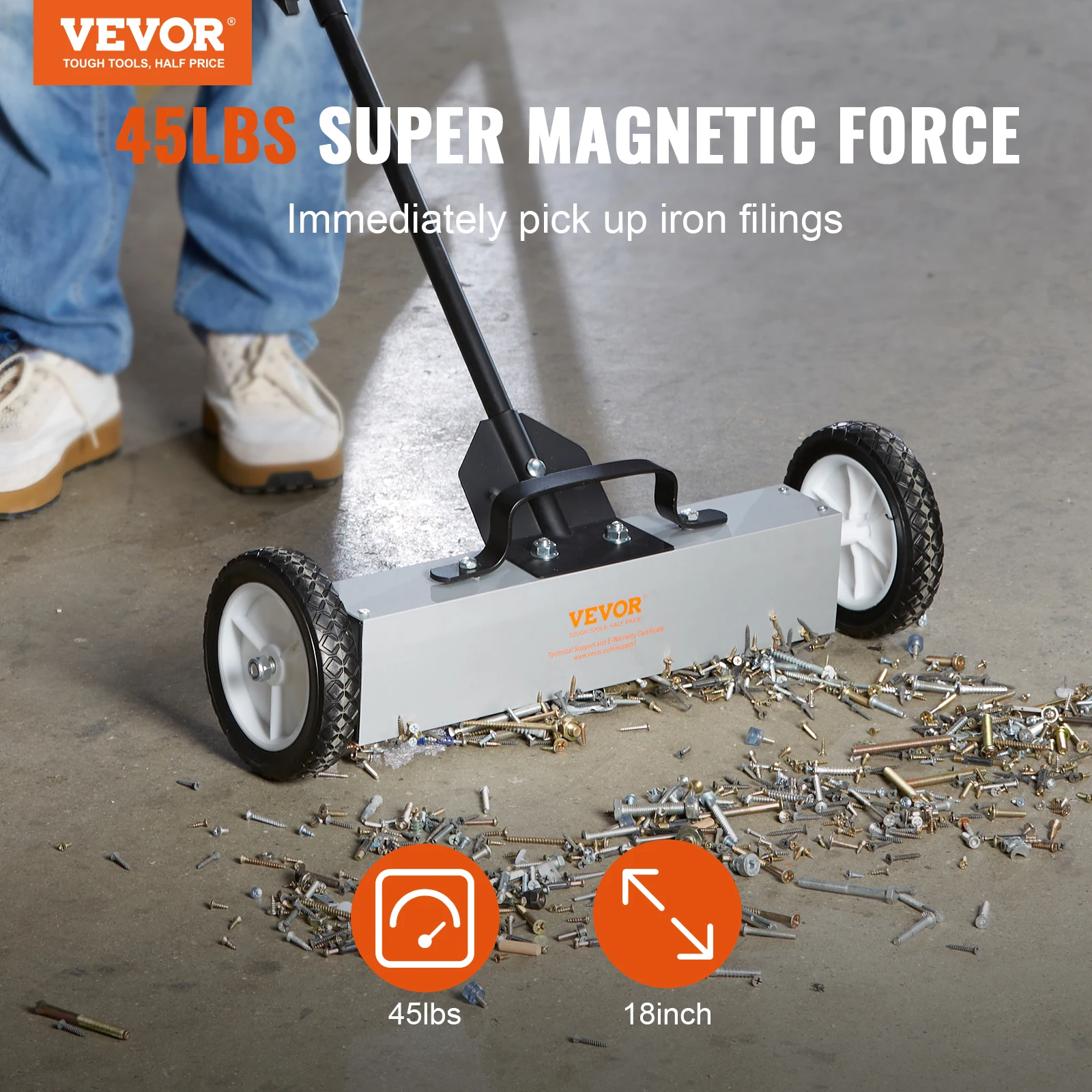 VEVOR 45Lbs Rolling Magnetic Sweeper with Wheels Push-Type Magnetic Pick Up Sweeper 18-inch Large Magnet Pickup Lawn Sweeper