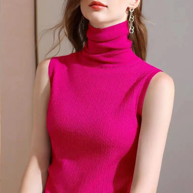 Wholesale Sleeveless Turtleneck Top Vest Base Slim Pullovers Women 2023 New Spring Autumn Short Solid Thin Knitted Tops