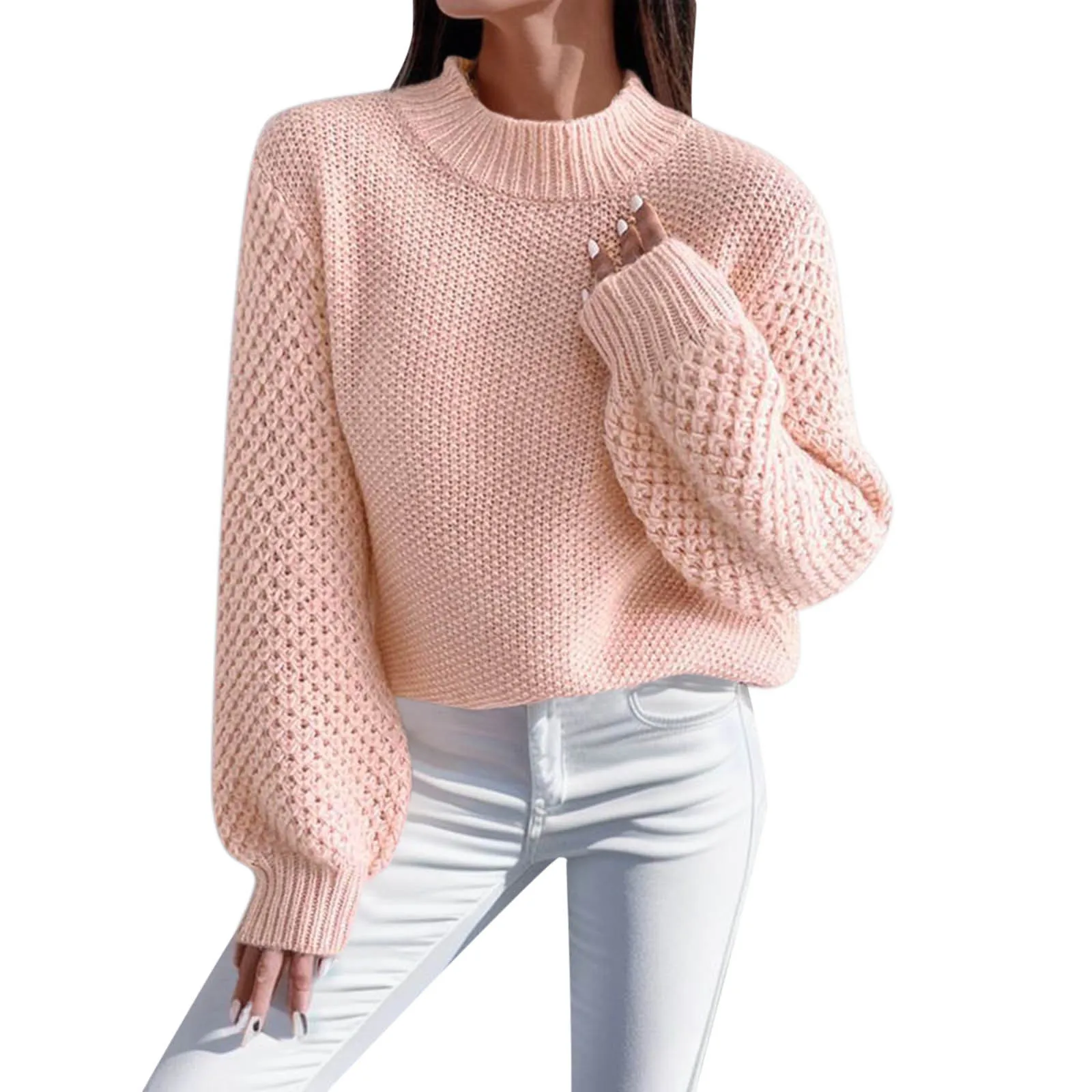 

Women Knitted Fashion Pullover Sweaters Round Neck Long Sleeves Loose Sweaters Ladies Solid Color Winter Warm Casual Sweaters