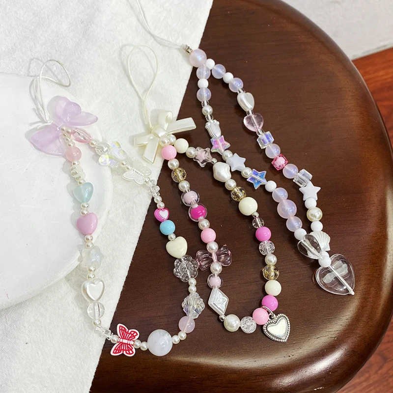 1PC Telephone Jewelry Strap Beaded Lanyard Korea Cute Geometric Pearl Love Bowknot Phone Chains For Women Girl DIY Accessories