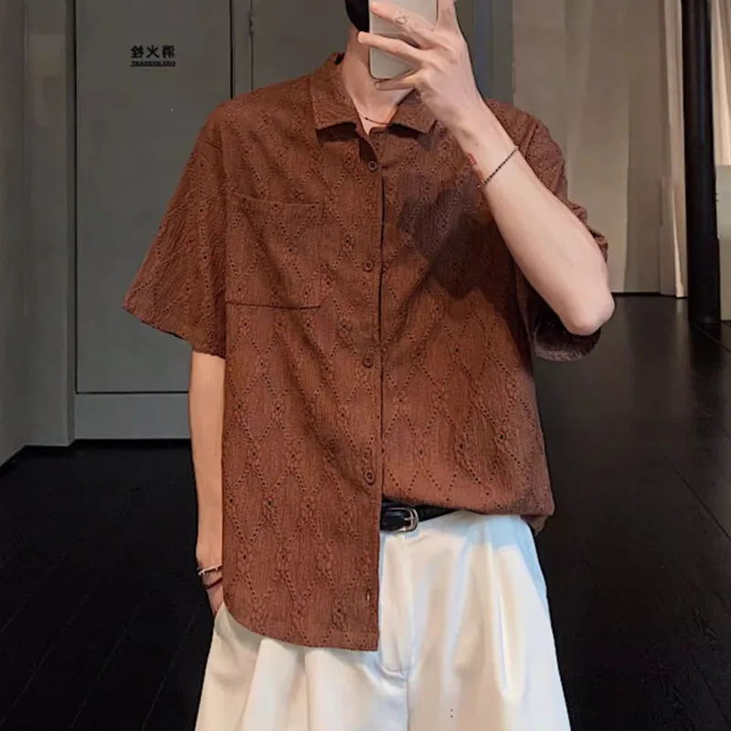 WVGA Summer New Men's Hollow Out Trendy Short Sleeve Shirts Niche Chic Casual Breathable Cuban Collar Draped Tops Ins Y2K W23438