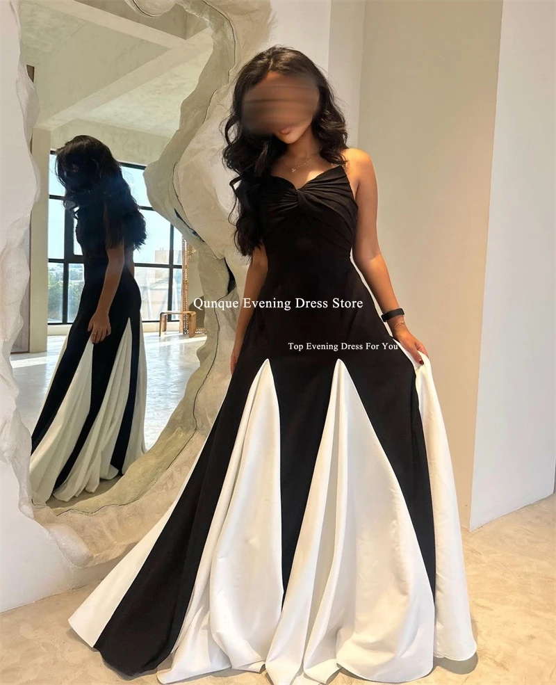 Qunque Simple Black White Evening Party Dresses Vestidos De Gala Lady Strapless Silk Satin Prom Gowns Customized Robe De Soiree