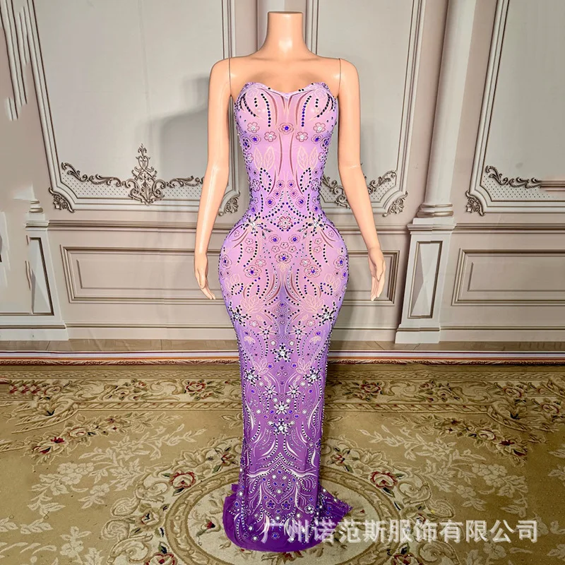 2026 Popular Niche Light Luxury Temperament Gradual Change Purple Dress Banquet Host Shine Evening Dress Party Birthday Clothing