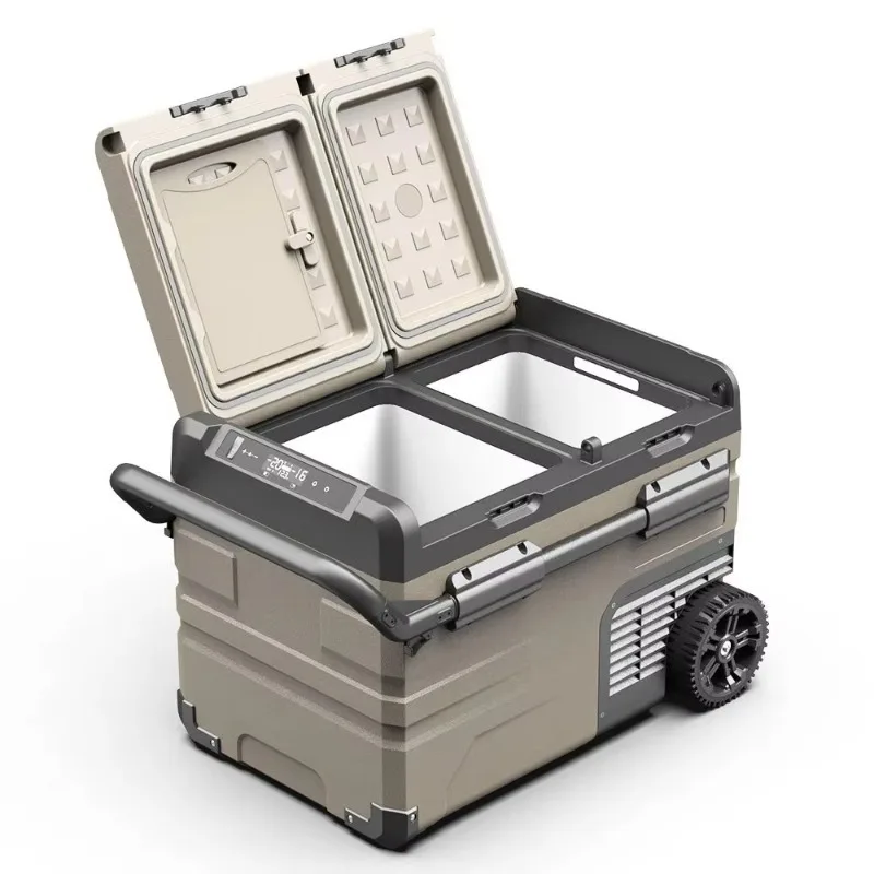 ثنائي المنطقة 12 فولت/24 فولت ضاغط ثلاجة السيارة المحمولة الثلاجة الفريزر مع عجلات ومقبض التبريد الألومنيوم