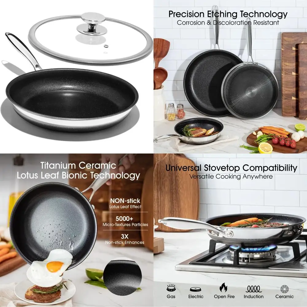 

Набор сковородок с антипригарным покрытием — 12-титановая керамическая сковорода с крышкой, ручкой Stay-Cool, PFAS, PTFE, без PFOA, нетоксичная, посудомоечная машина и