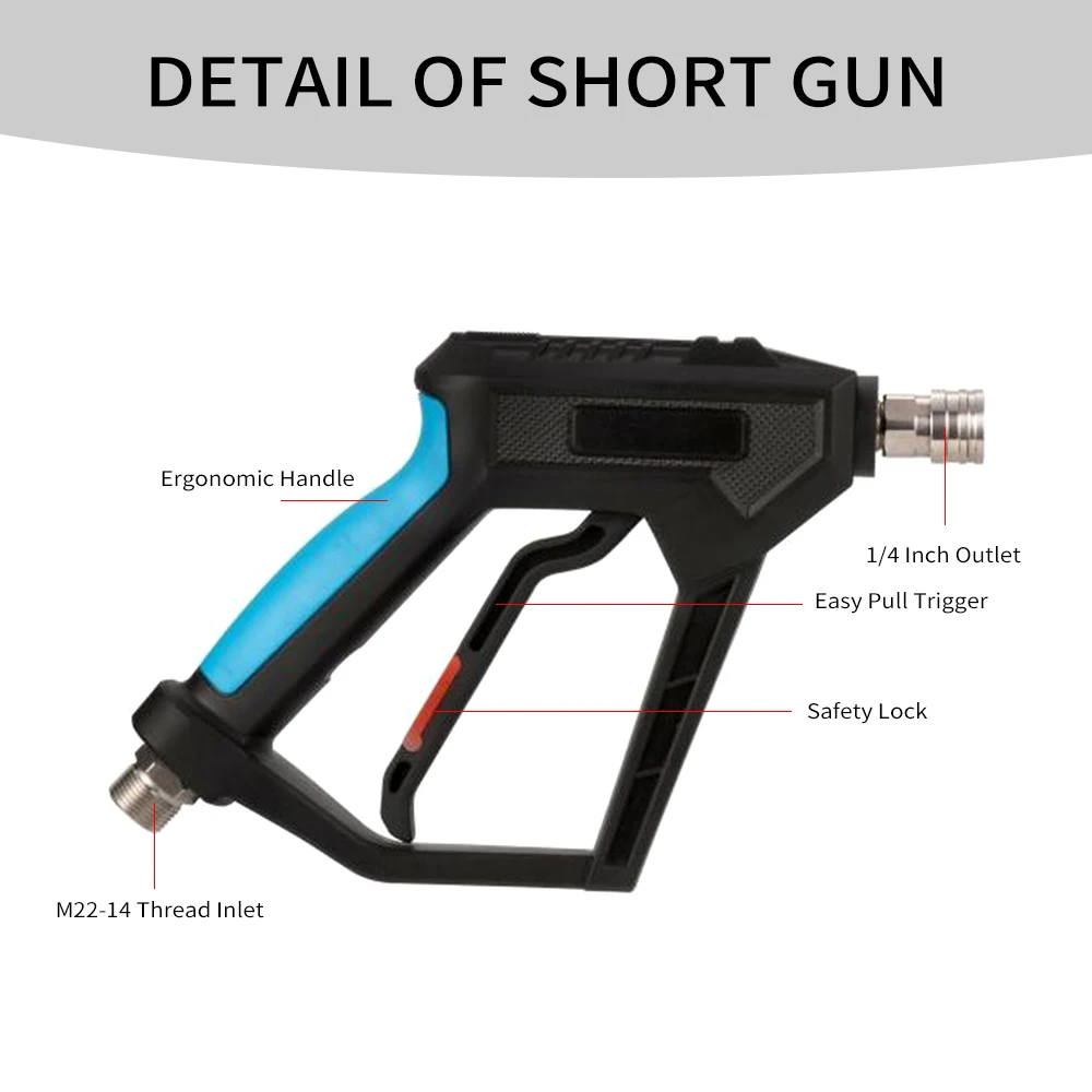 High Pressure Washer Gun, Power Washer Short Gun with 1/4 Inch Quick Connector, M22-14mm Male Inlet for Foam Cannon Car Wash