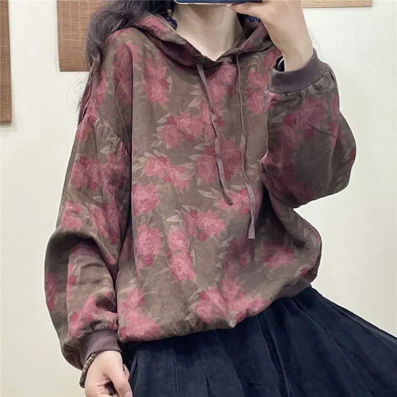 Herbst Neue Literarischen Retro Blume Gedruckt Hoodie Frauen Mode Mit Kapuze Pullover Ethnischen Stil Baumwolle Tops