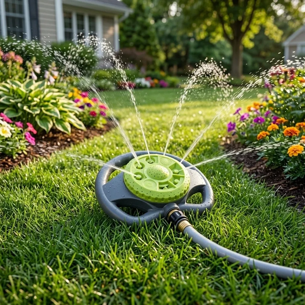 Rotating Lawn Sprinkler with 8 Spray Patterns Coverage 79m2 Area 10m Diameter Plastic Construction Black Green
