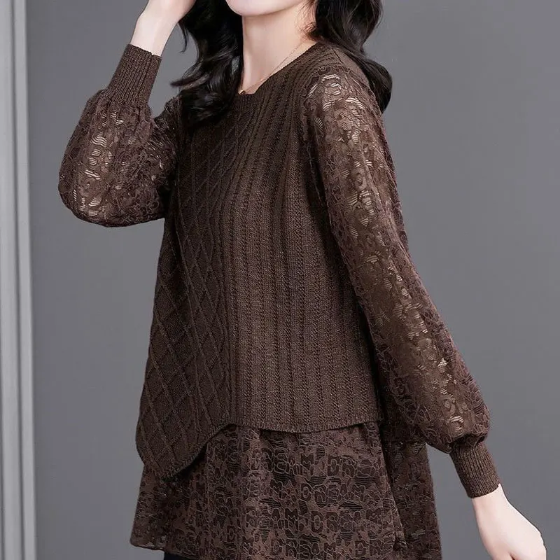 Fake Two Pieces Knitted Patchwork Shirt Female Clothing Fashion Lace Loose Spring Autumn Long Sleeve Vintage Solid Color Blouse