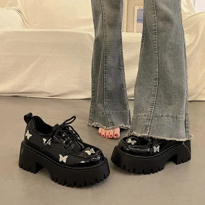 Women's Butterfly Patent Leathe Single Shoes College Style Comfortable Increased Student Lolita Gothic Shoes Japan Uniform Shoes