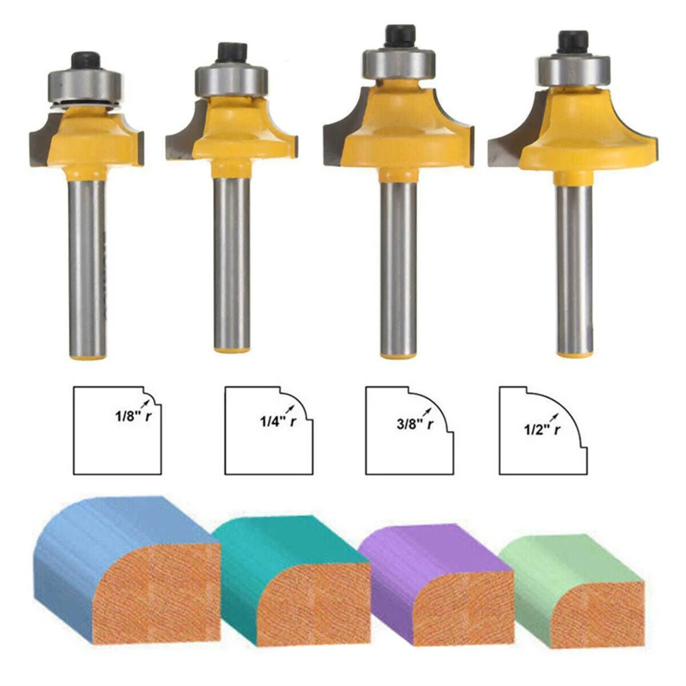 4 buah 1/4 inci Shank bulat di atas Router Bit sudut bulat membentuk Bit alat penggilingan 1/8 "1/4" 3/8 "1/2" Radius