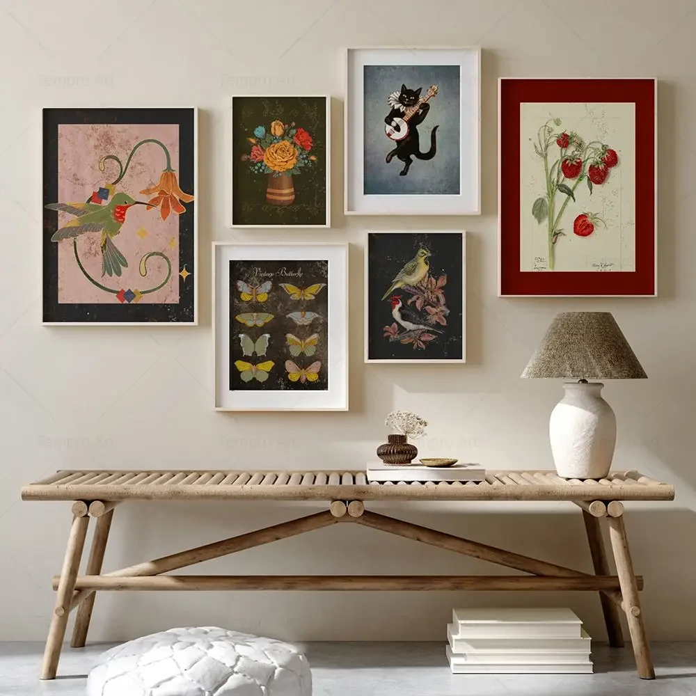 Vintage Botanical Flower Gallery Wall Art Canvas Painting Eclectic Print Butterfly Guitar Cat Antique Poster Living Room Decor