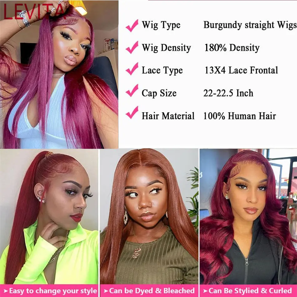 99J Wig Rambut Manusia Renda Depan Berwarna untuk Wanita Wig Lurus Warna Merah Anggur 13X4 Wig Frontal Renda Transparan Warna Merah Anggur untuk Wanita