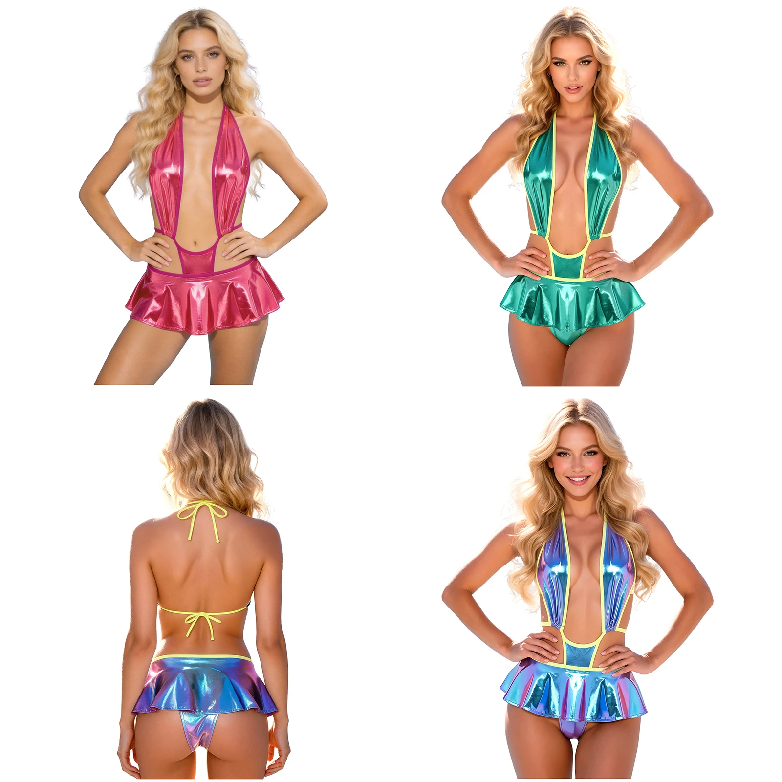 Womens Shiny Metallic Bikini Leotard Halter Deep V Neck Backless Mini Briefs with Ruffled Hem One-piece Nightclub Bathing Suit