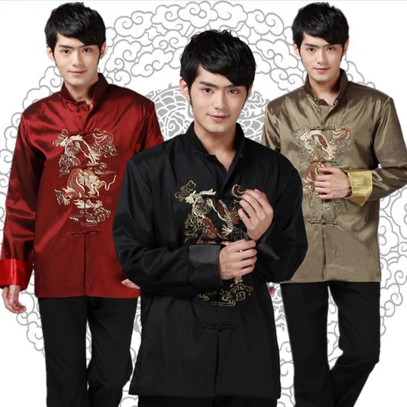 

Chinese Style Shirt Traditional Clothing Men Embroidery Dragon Tang Suit Top Satin Long Sleeve Jacket Coat Retro Ethnic Clothing