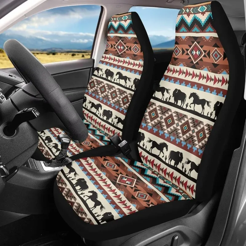 ELEQIN Aztec Horse Yak Car Seat Covers Front Car Seat Cushion 2 PCS Canvas Auto Cushion Protector Universal Fit Most Cars Automo