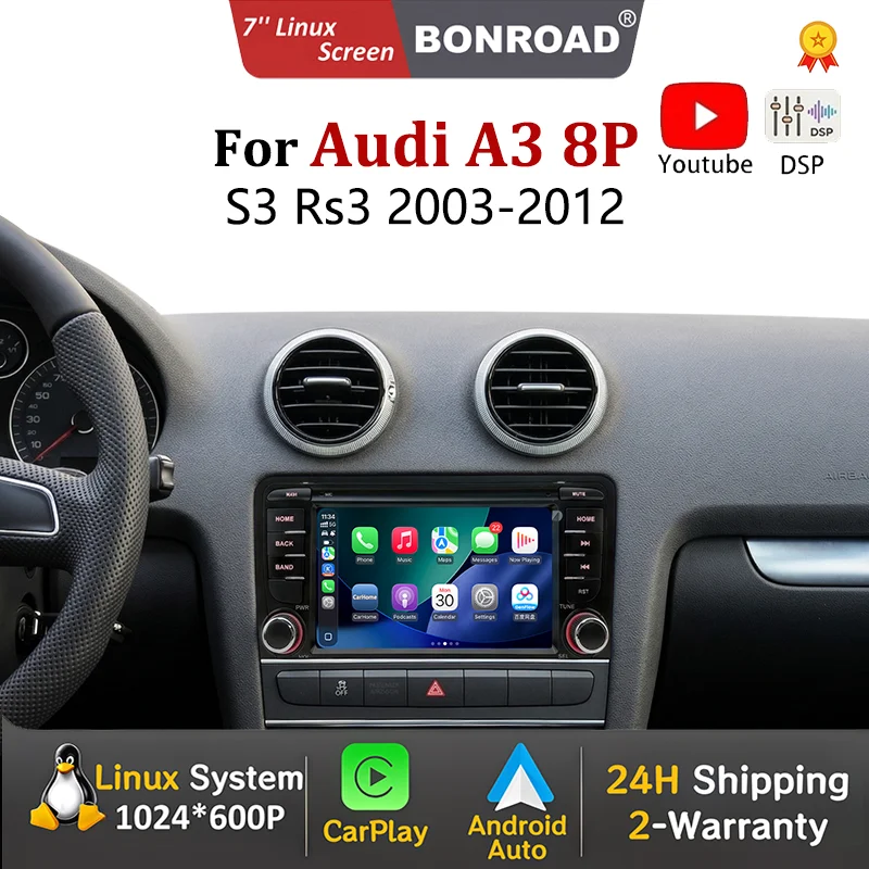 Bonroad 7 Inch Wireless Carplay Android Auto Car Radio for Audi A3 8P S3 Rs3 2003-2012 with Youtube Airplay Autolink Mirror Link Wifi Bluetooth Gps Navigation Multimedia Video Player