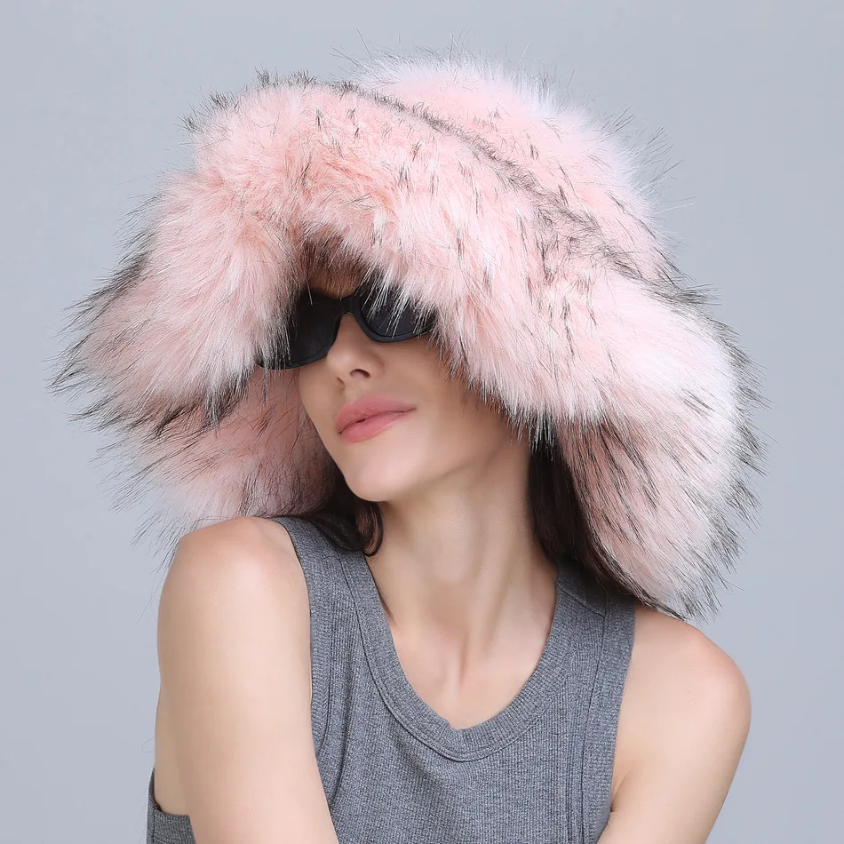 

New Luxury Large Brim Bucket Hats Women's Thickened Imitation Raccoon Fur Fisherman Hat Plush Hat Bucket Hat For Women Ski Mask