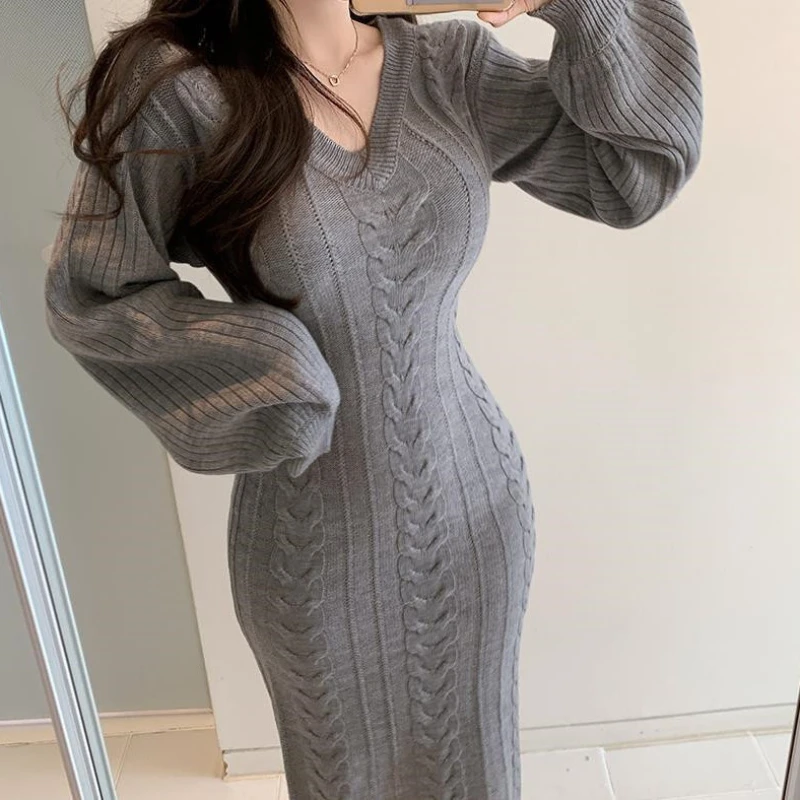 

Women V-Neck Long Sleeve Solid Color knit Dress Loose Luxury Soft Cashmere Knitted Dress Winter Warm