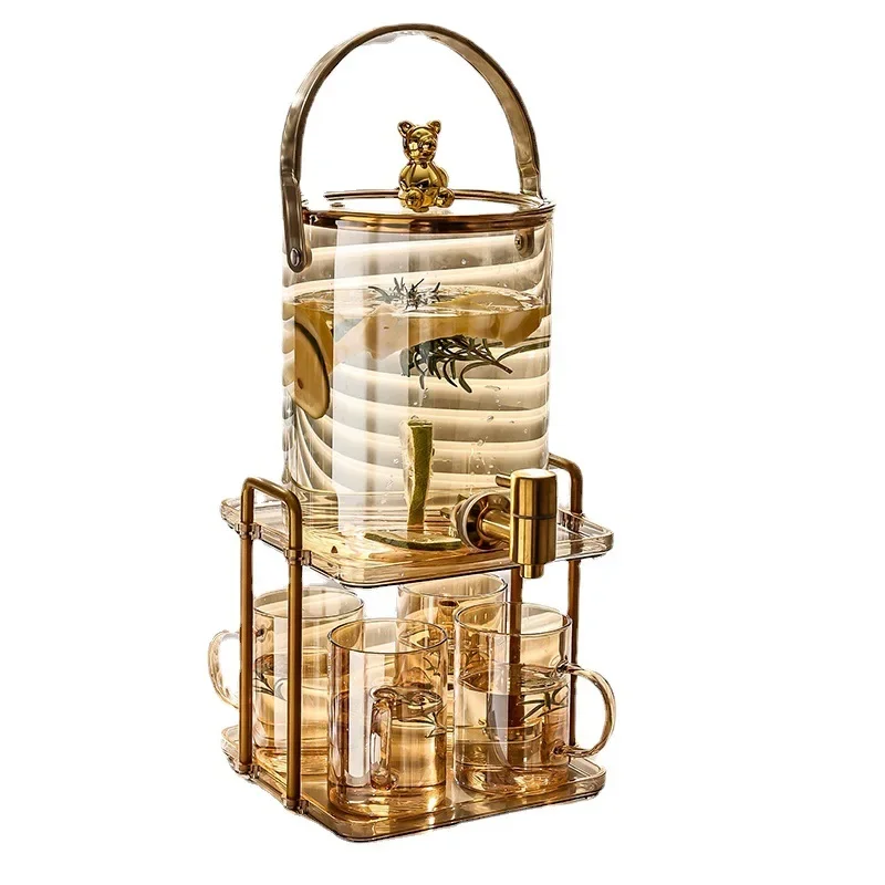 

Light luxury glass cold kettle with faucet bucket set Large capacity household cold kettle Fruit tea Coke beverage bucket