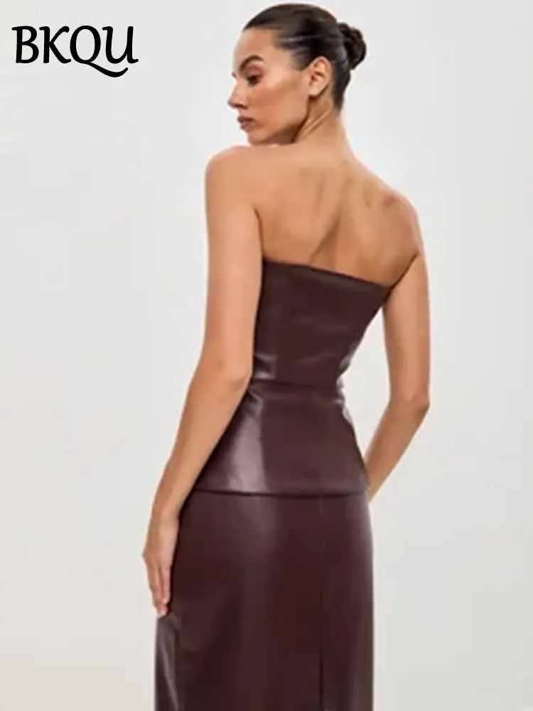 Bkqu couro falso feminino único breasted tubo topos gótico sexy sem alças sem costas espartilho topos noite clube y2k festa rave regatas