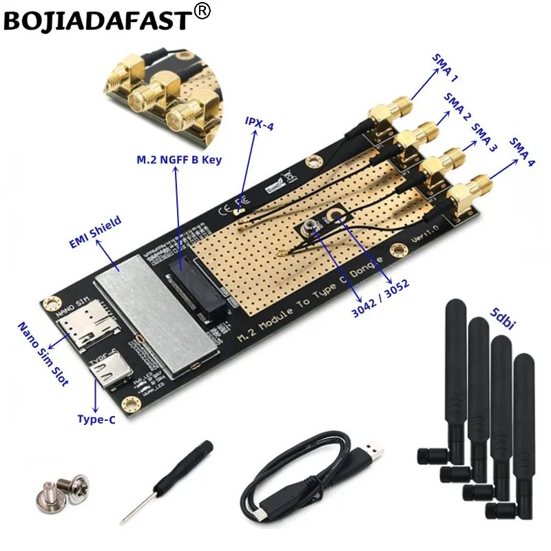 USB Type-C To NGFF M.2 Key-B Slot Wireless Adapter 1 Nano SIM Card Holder 4 Antenna For RM520N-GL SIM8200 5G 4G LTE Modem Module