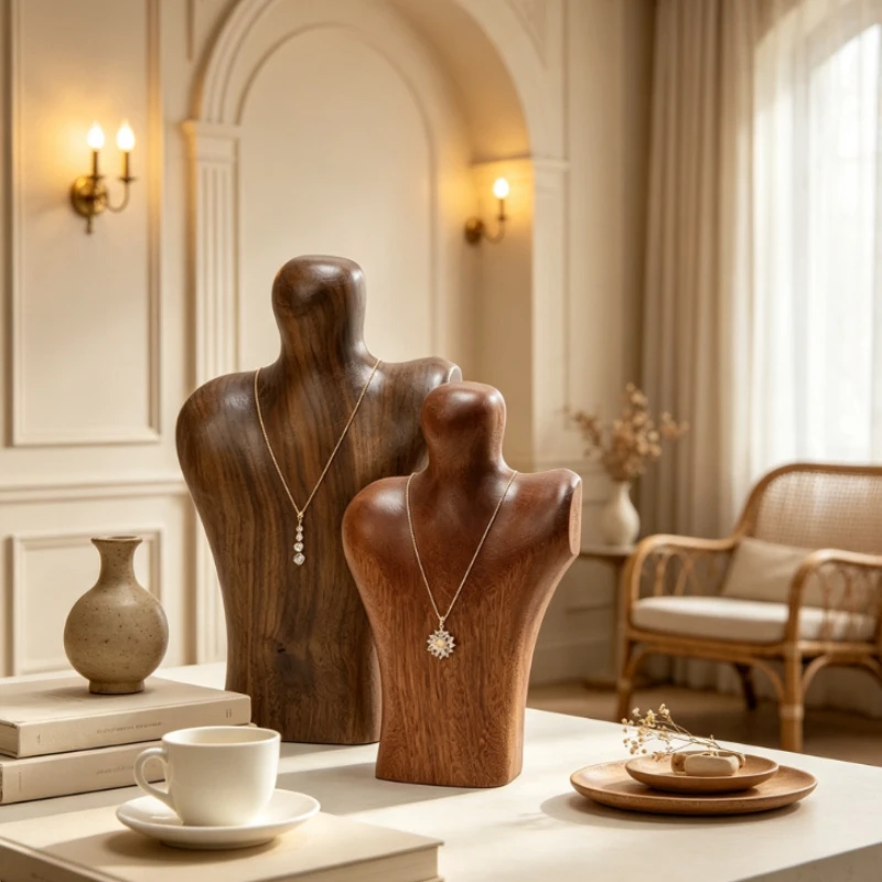 Necklace Display Stand Solid Wood Retro Mannequin Jewelry Holder Creative Showcase Rack for Store Shop Counter Display
