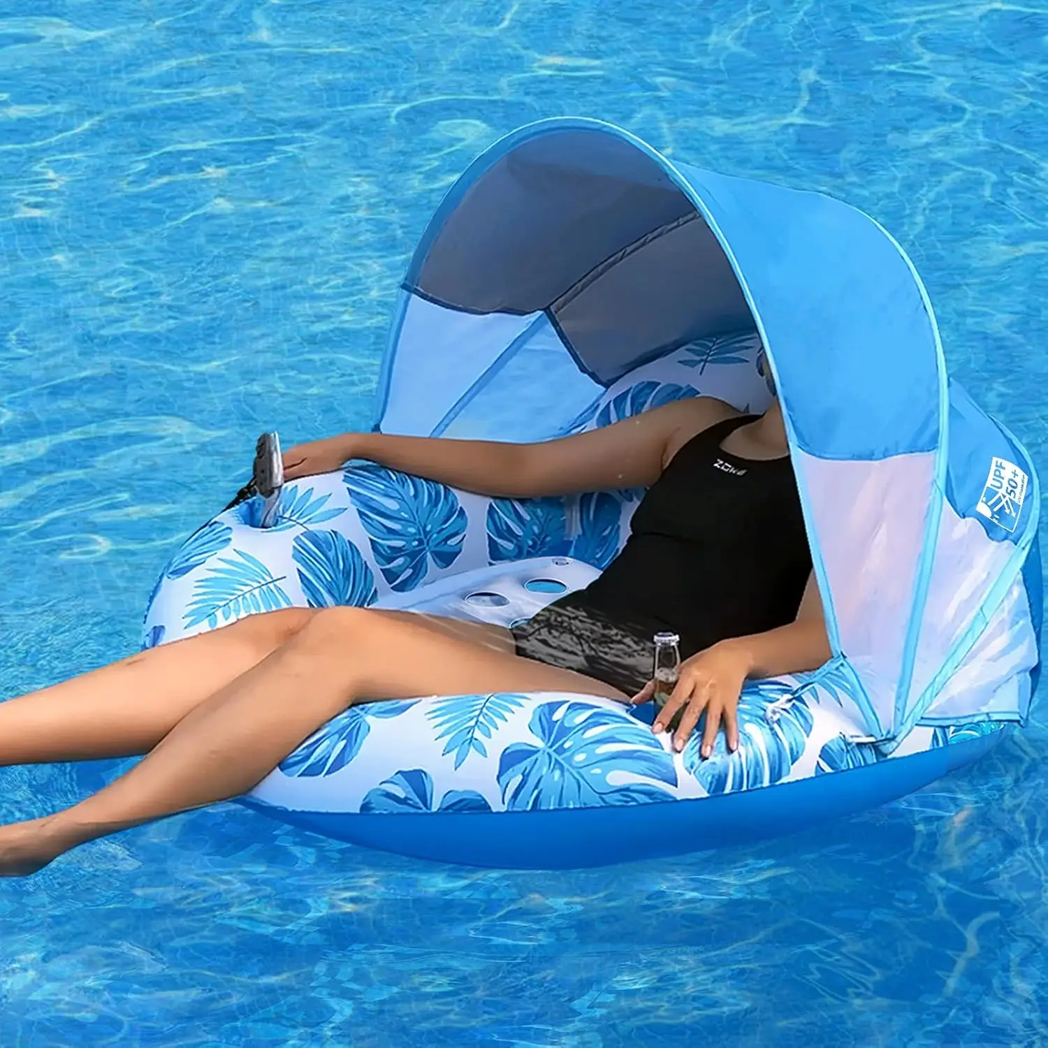 

Pool Float with Canopy for Adults,Inflatable Lounge Chair with UPF 50+ Sun Protection,Backrest and Legrest,Blue