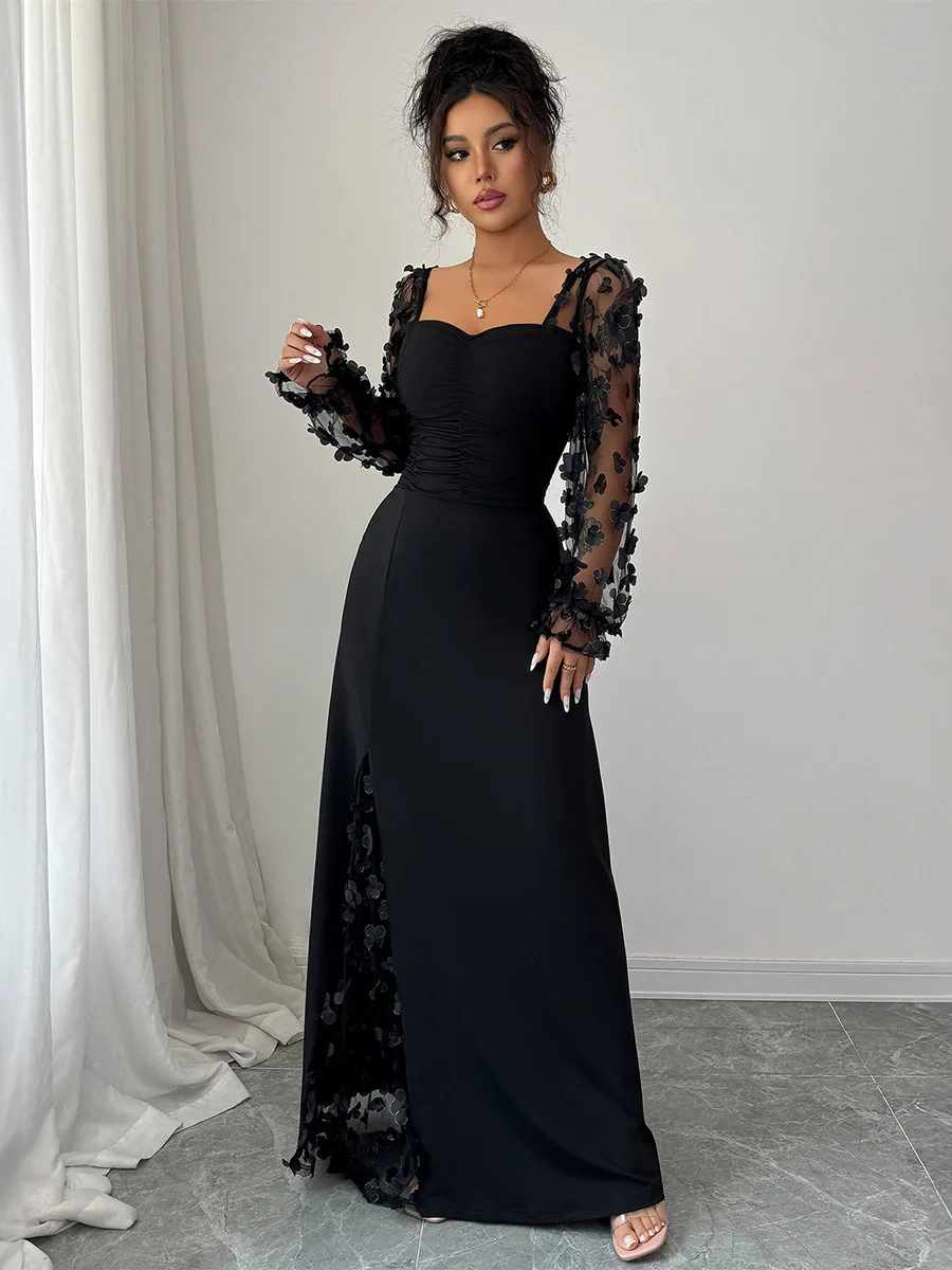 Ele Long Sve Long Dr Women's Faion Bla Lace Slim Fit Evening Gown Square Collar Wedding Par Performance