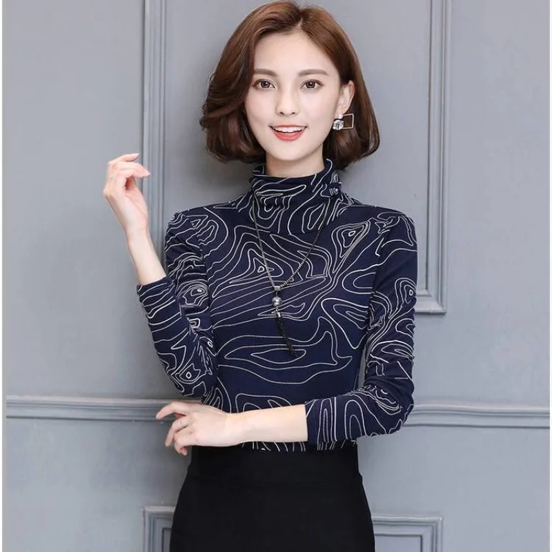 

Autumn and Winter Women's New Fashion Elegant and Comfortable De Rong High Neck Printing Slim and Versatile Long Sleeves Tops