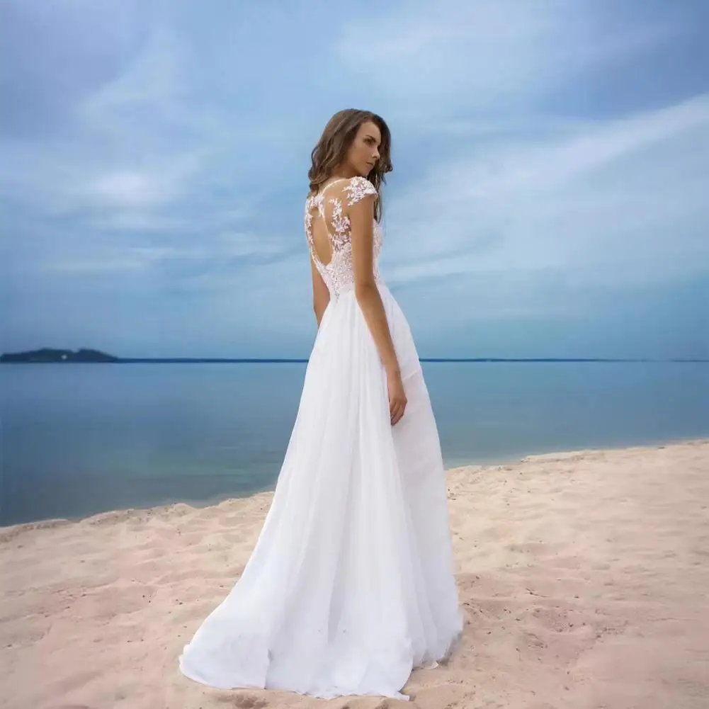 2025 Women White Bridesmaid Dress A-Line Boho Wedding Dresses Long Chiffon Slit Bridesmaid Dress Lace V-Neck Evening Gown