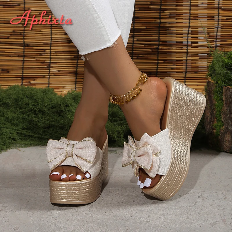 Aphixta Gold Sole Summer 9cm Wedge Heels Slippers Outside Women Sweet Bow Mulers Platform Sandals Clog Shoe Slides Plus Size 43