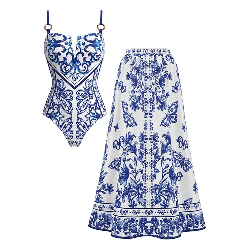 Vintage Sexy One Piece Swimsuit Women Print Lace Up Swimwear with Skirt Monokini Print Bathing Suits Swim Suit Wear Beachwear