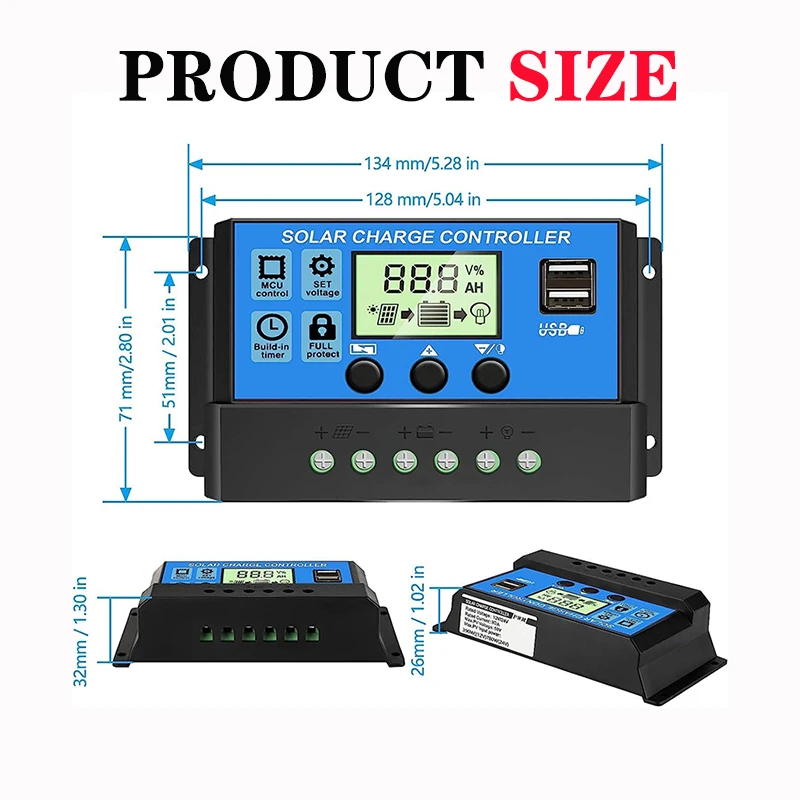 Controlador de carga solar 20A 30A PWM 12V / 24V con USB dual