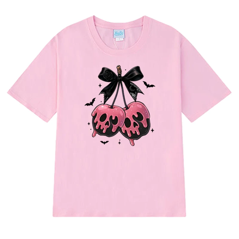 Camiseta Gótica de Halloween con estampado de esqueleto de cereza camiseta retro femenina