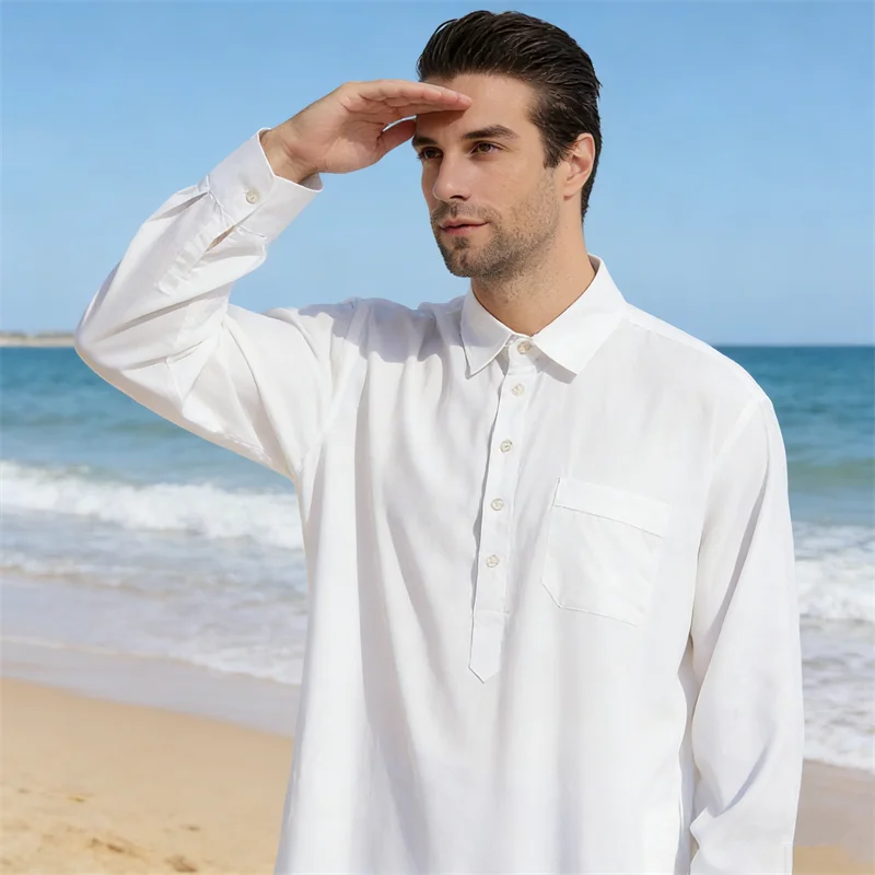 

2026 New Muslim Men Abaya Button Casual Long Sleeve Dress Jubba Thobe Turkey Arabic Islam Clothes Dubai Saudi Kaftan Robe Caftan