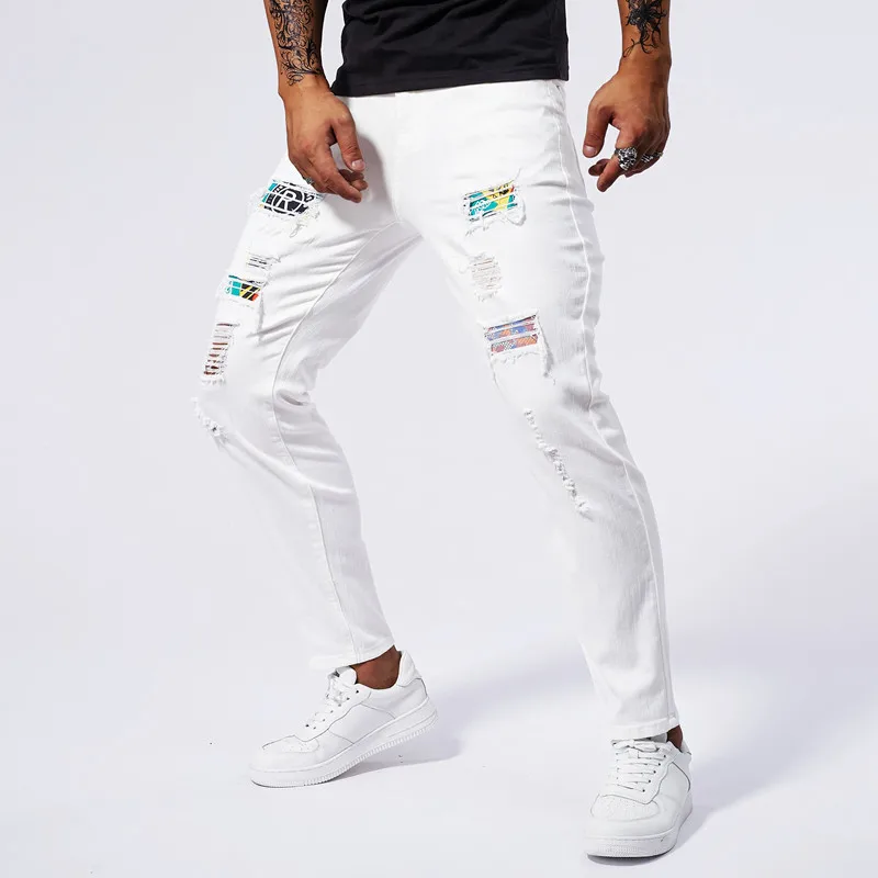 Summer distressed patch slim fit jeans for MEN'S FASHION straight leg casual versatile stretch biker cotton white denim pants