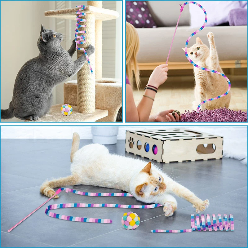 3pcs Funny Cat Toy Rod Kitten Cat Pet Toy Stick Teaser Rainbow Streamer Interactive Cat Play Wand With Bells and Cat Springs