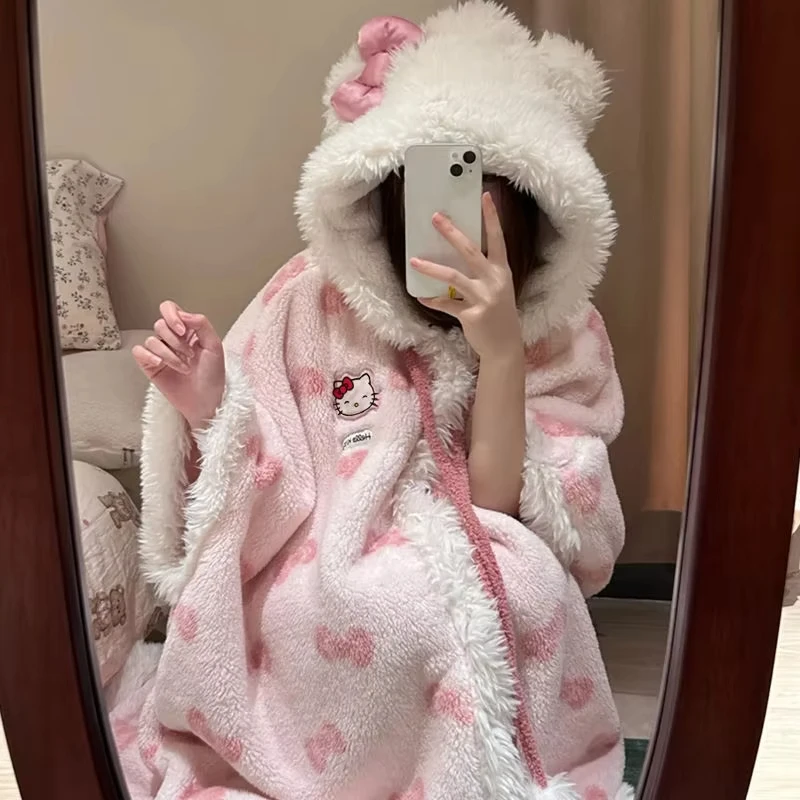 Miniso Kawaii Hellokitty Plush Robes Girls Cute Sanrio Anime Y2K Pajamas Hooded Blanket Casual Fleece Sleepwear Women Clothing