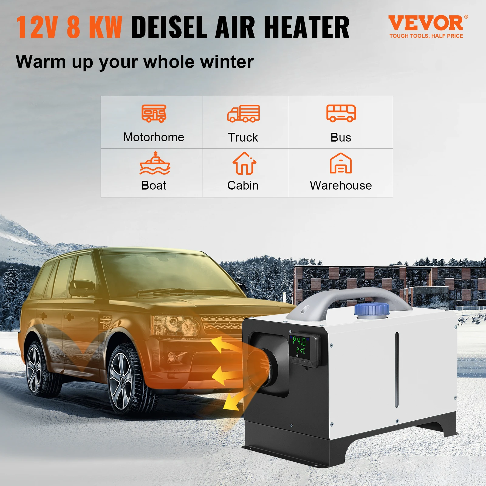 VEVOR 8KW Diesel Air Heater Parking Heater 12V Truck Heater One Air Outlet with Black LCD Switch For Car RV Truck Boat Caravans