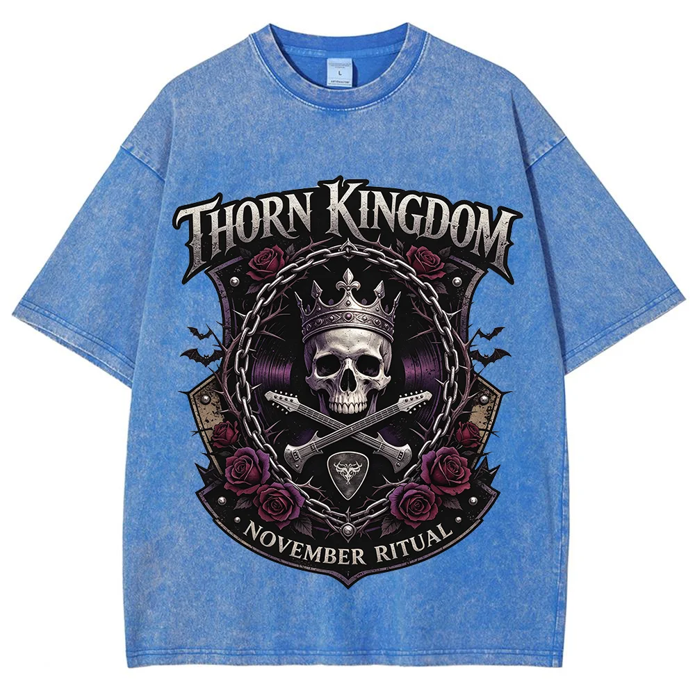 Unisex T Shirt Thorn Kingdom Crown Skull Graphic Vintage Washed Oversized Short Sleeve Cotton Top Gothic Heavy Metal