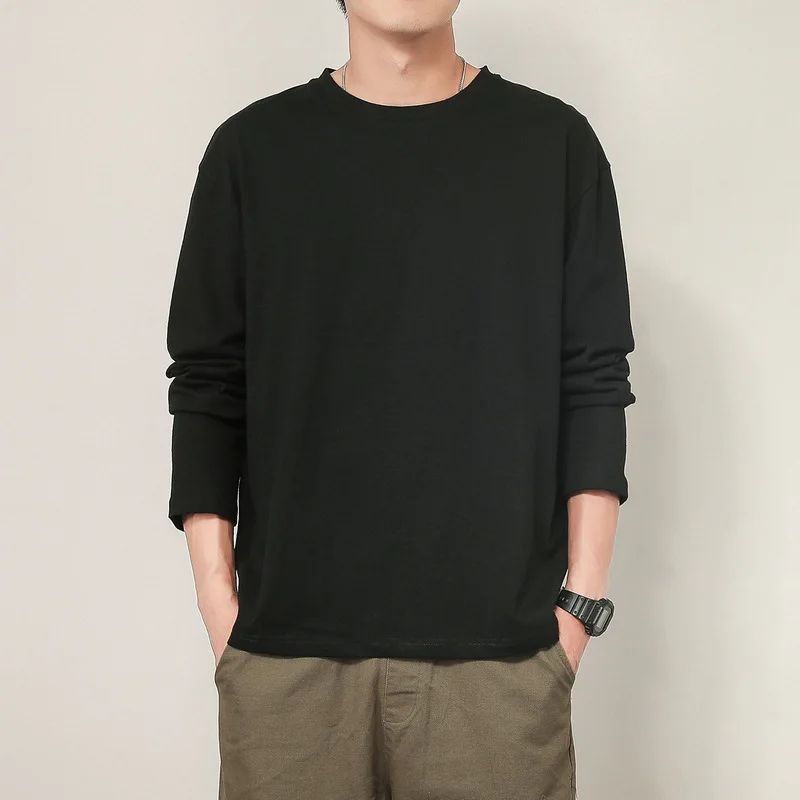 

MRMT 2024 Brand New Men's Long Sleeved Cotton T Shirt Loose Round Neck Men's Bottoming Shirt Solid Color Simple Couple T Shirt