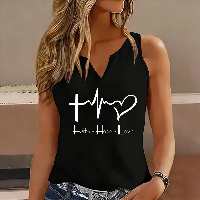 Débardeur décontracté sans manches col en V imprimé FAITH HOPE LOVE pour femme