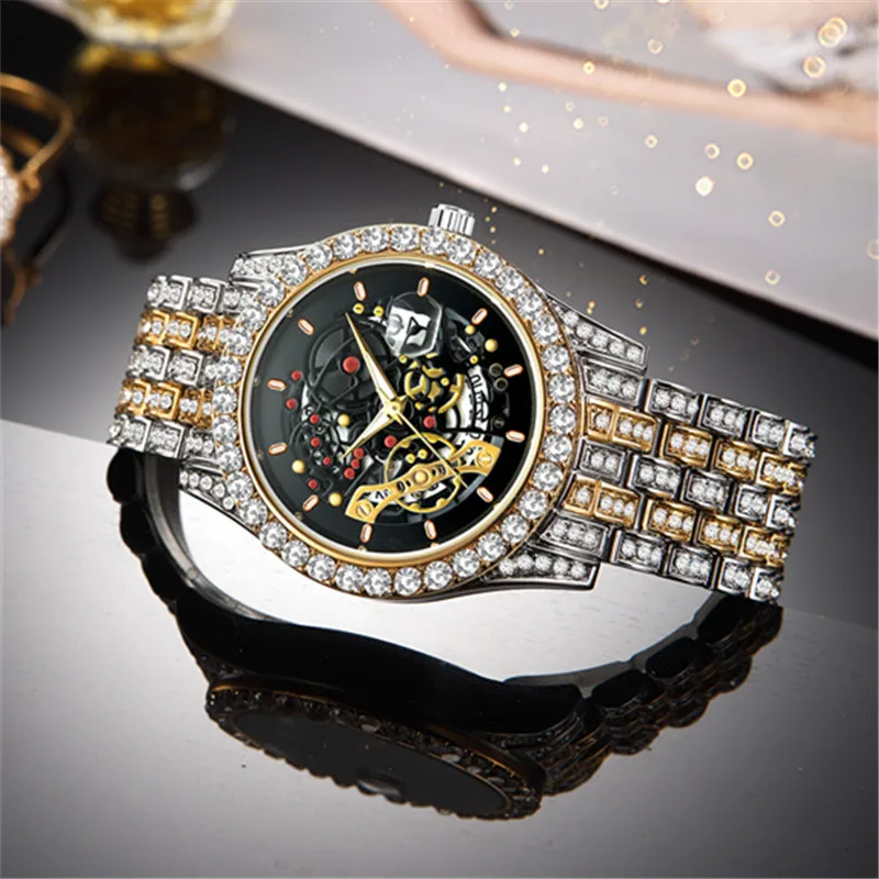 Men Big Brand Skeleton Watches Fashion Alloy Band Luxury Diamond Golden Date Quartz Vintage Watch Montres de Marque de Luxe 2024