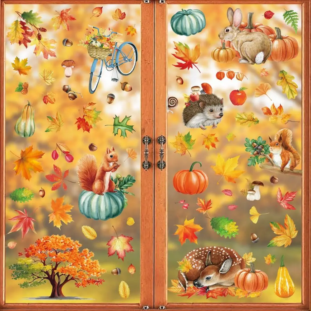Double-Sided Fall Window Clings Reusable Waterproof Window Decals Maple Leaves Pattern Pumpkin Scarecrow Design