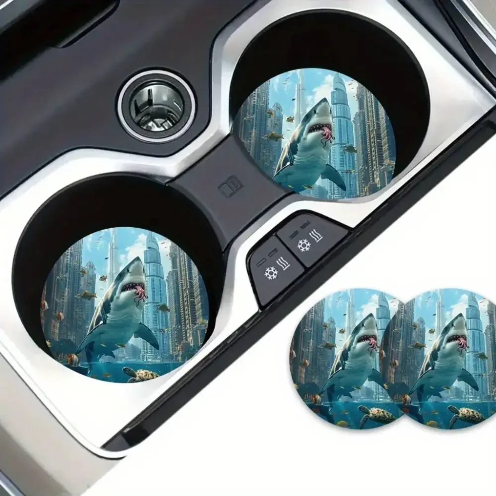 Shark Cruise In Dubai Fantasy Art Car Coasters 2pcs／1Set 2.75×2.75in 4mm Thick Hallowmas & Easter Ornament Gift For Mom