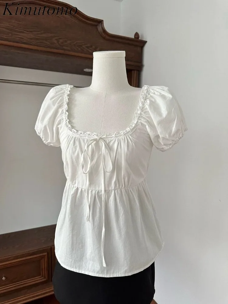 

Kimutomo Shirts Women Bandage Puff Short Sleeve Sweet Preppy Style Vintage Y2k Harajuku Blouse Ladies Fashion Casual Tops